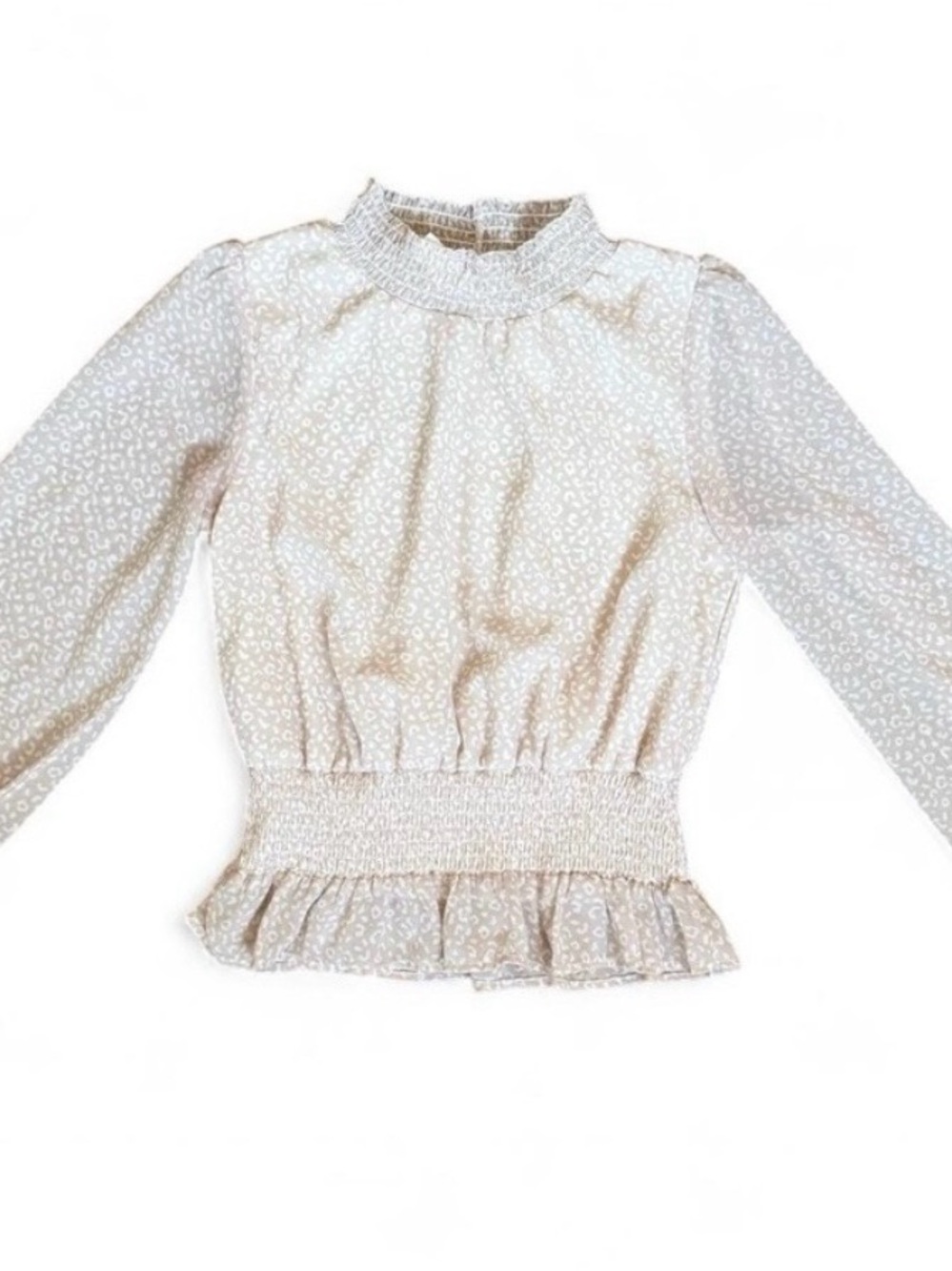 Japna Cream Leopard Print Smocked Waist Long Sleeve Top